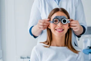 patient wearing trial frames to test for precise vision prescription patient wearing trial frames to test for precise vision prescription
